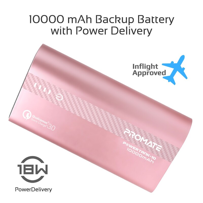 Promate 10000mAh PowerTank-10 USB-C Power Bank, Compact Palm Size 18W USB Type-C Input /Output Power Delivery External Battery Charger with QC 3.0 Port for iPhone XS/XS Max, Samsung S9/S9+, Rose Gold